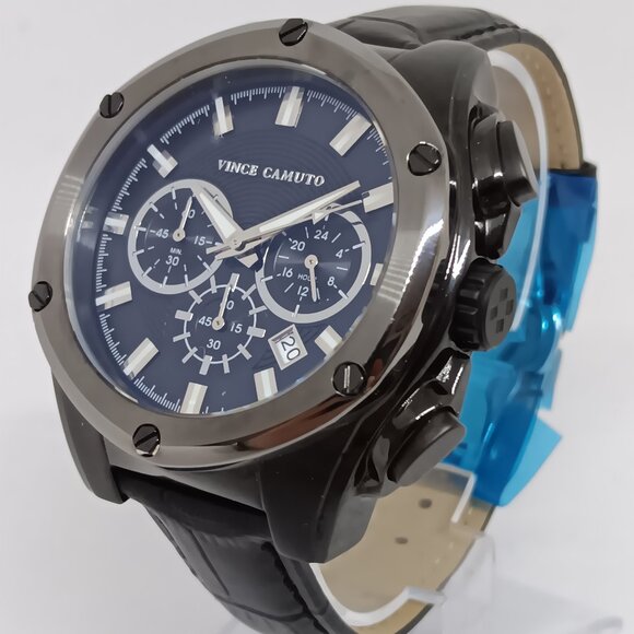 Vince Camuto VC/1064T1 Men’s 44mm Black Dial Chronograph Black Leather Watch - Picture 1 of 11